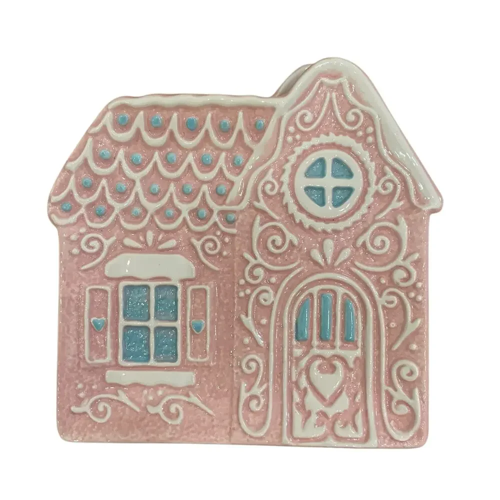 Godinger Pastel Pink Gingerbread House 6in Ceramic Appetizer Plates New